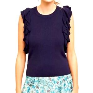 Knitted and knotted ruffled blue knit sweater Anthropologie szS